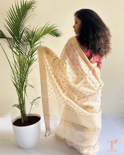 Tissue chanderi saree drape showcasing subtle shimmer and fine weave