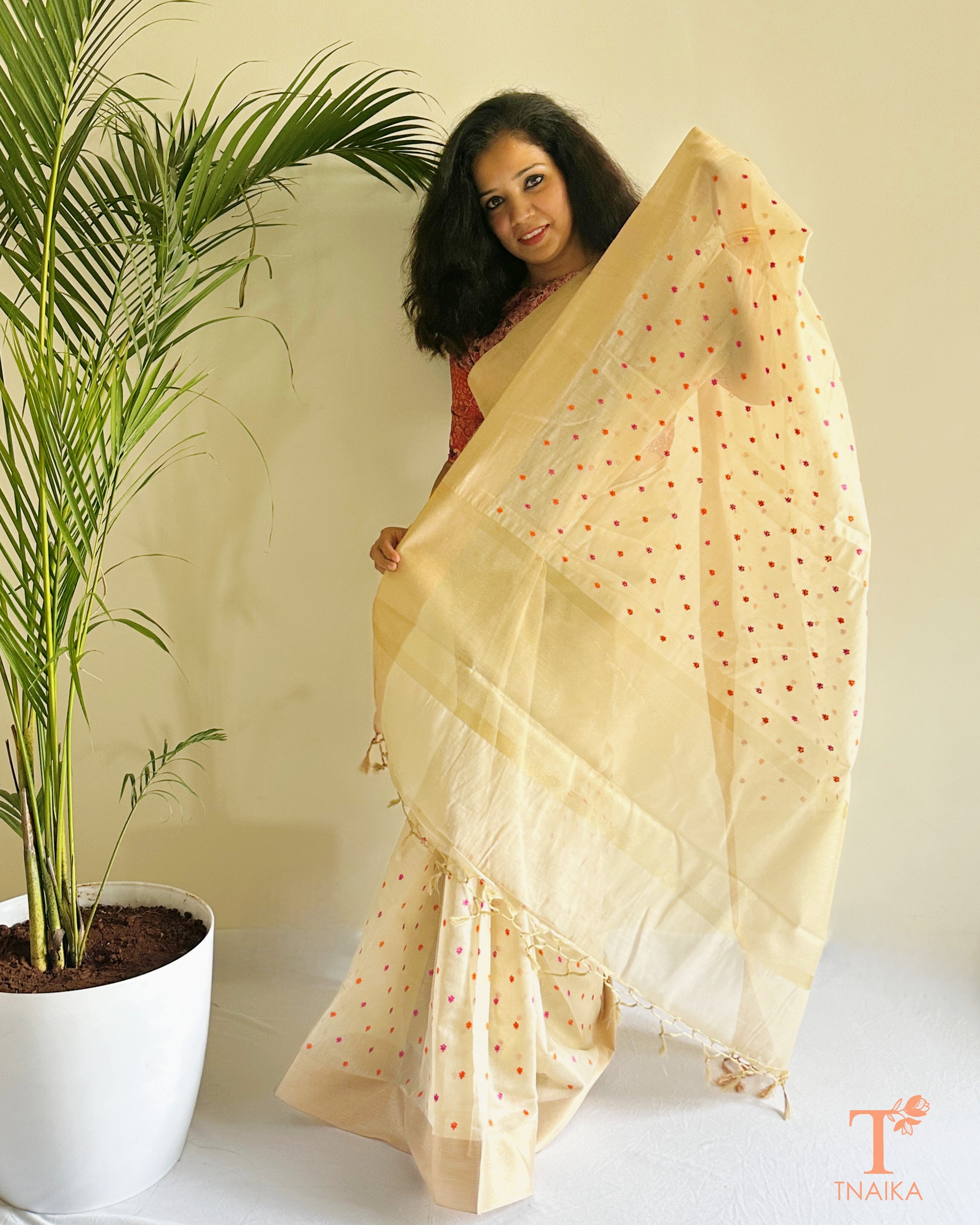 Close-up of buti work on premium tissue chanderi fabric