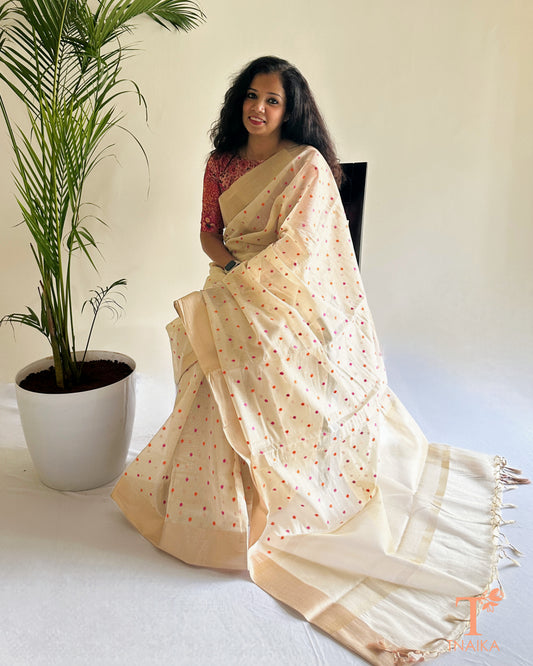 Minimal festive saree in tissue chanderi with airy drape