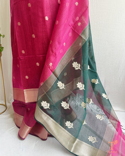 Lightweight Maheshwari cotton saree with woven zari motifs