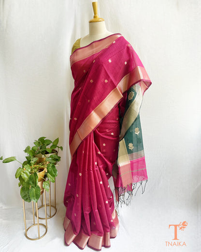 Traditional cotton Maheshwari saree with tassel pallu
