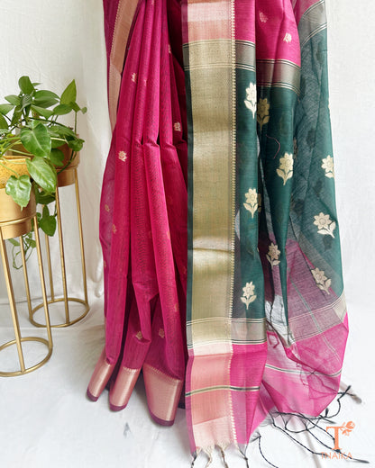 Handwoven style Maheshwari saree in vibrant pink shade