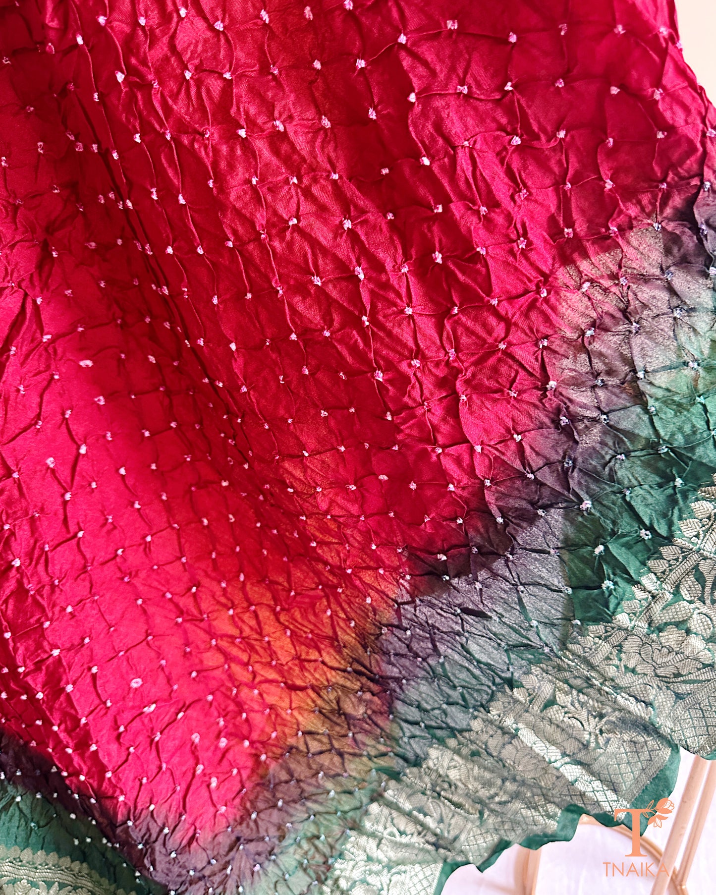 Lightweight festive dupatta with traditional Bandhej texture and zari accents