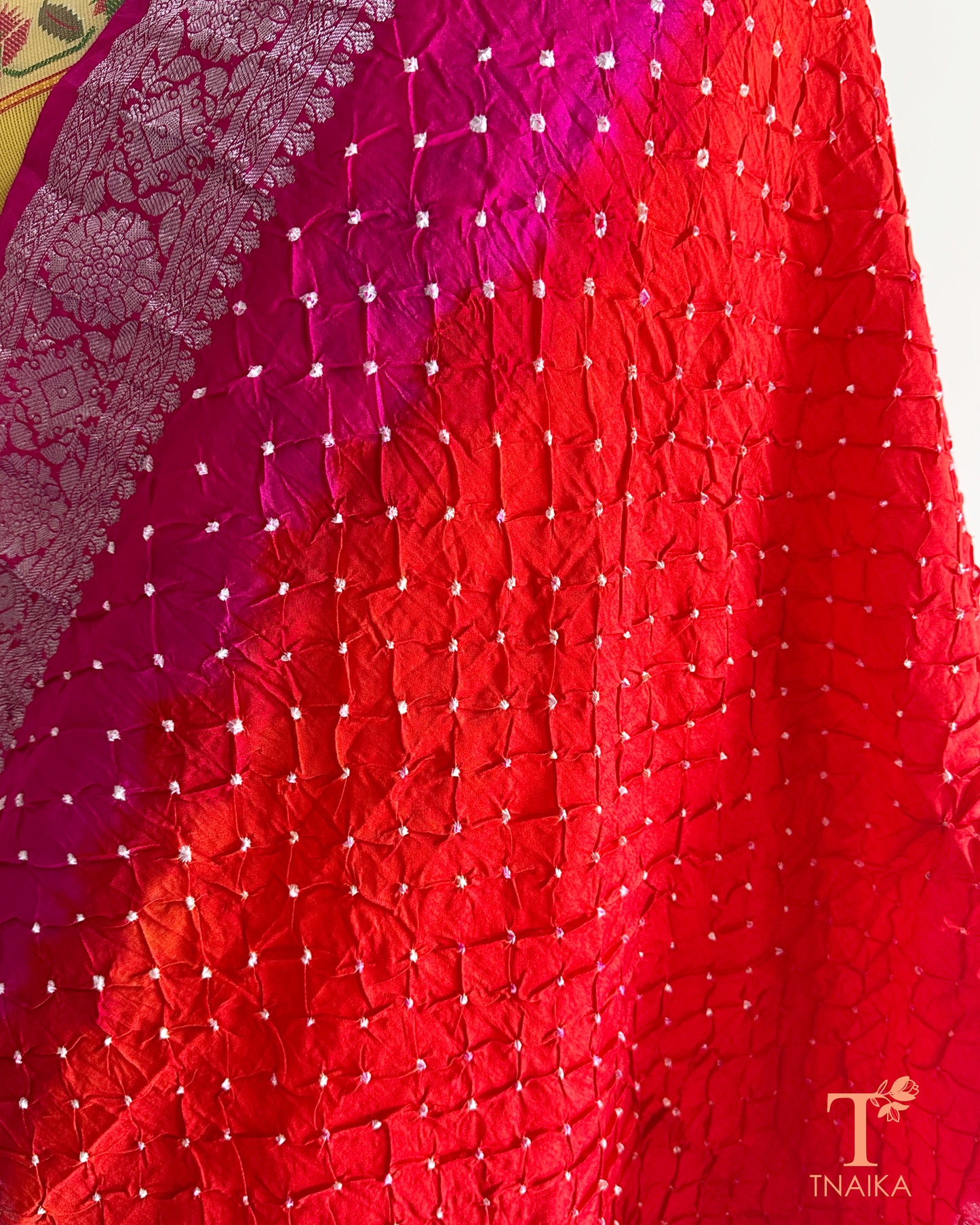 Traditional Kanjiwarm dupatta with woven zari border and textured Bandhej pattern
