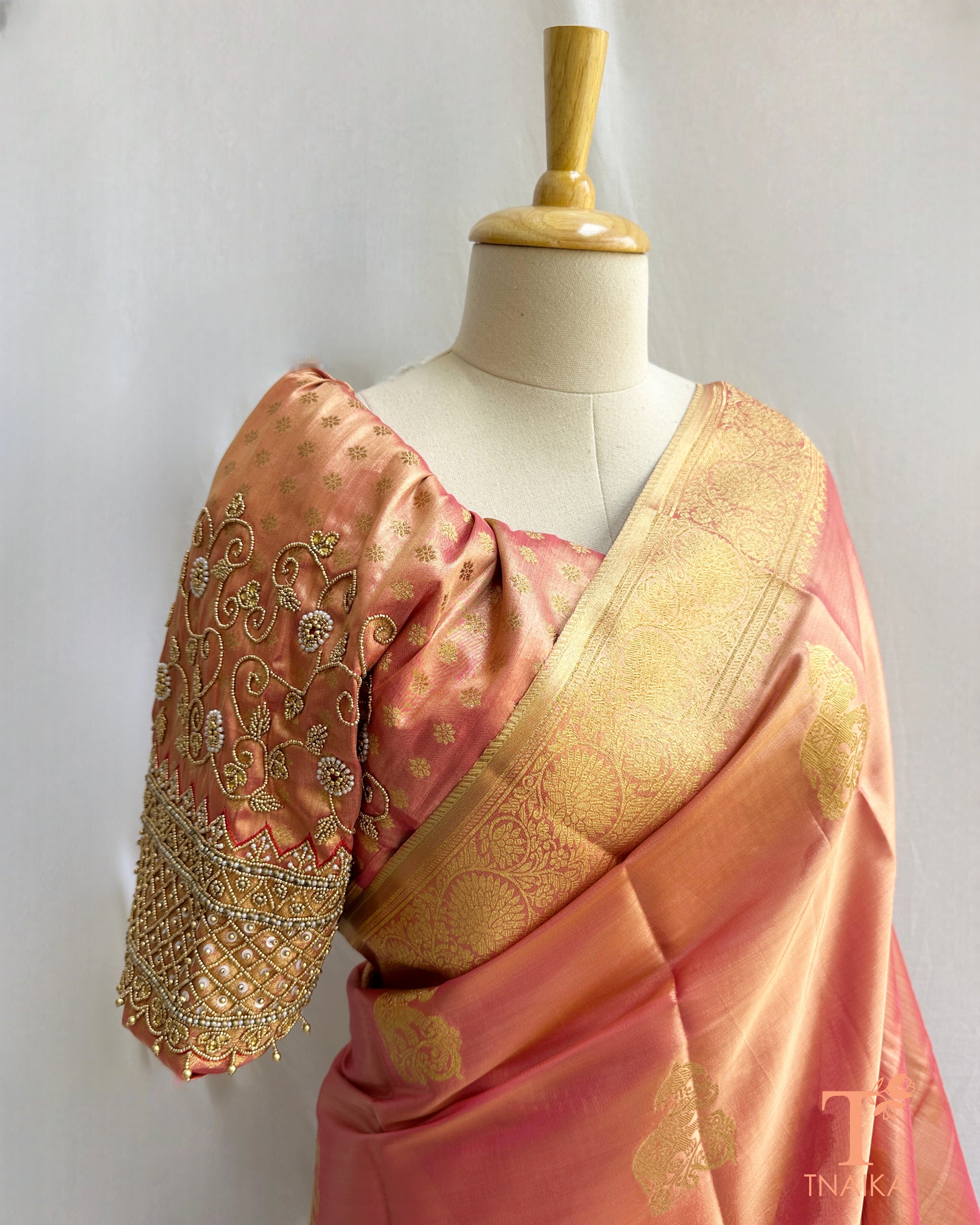 Peach premium art silk saree with rich woven pallu and border