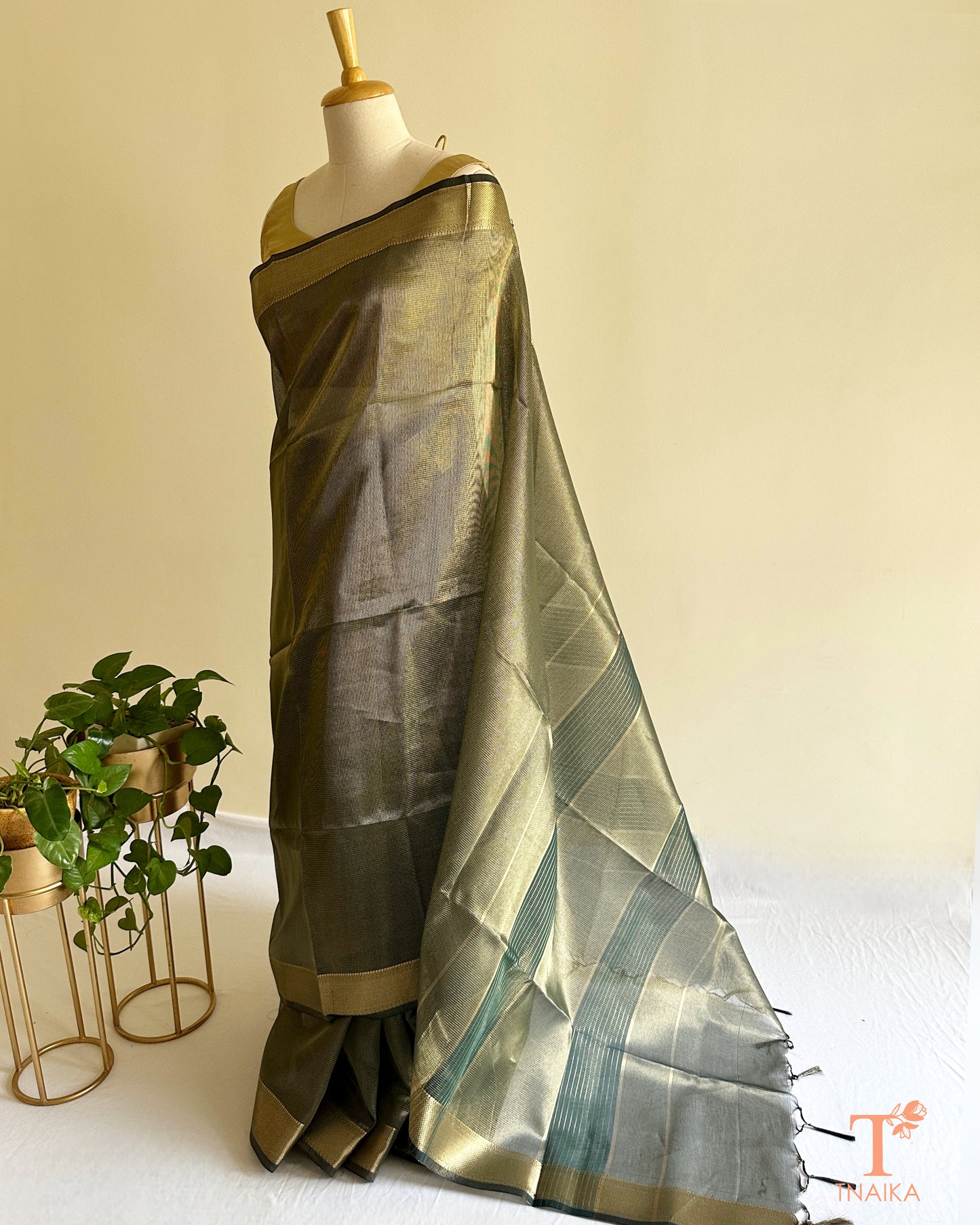 Muted dark green tissue silk saree with golden zari border and striped pallu detailing in lightweight festive drape