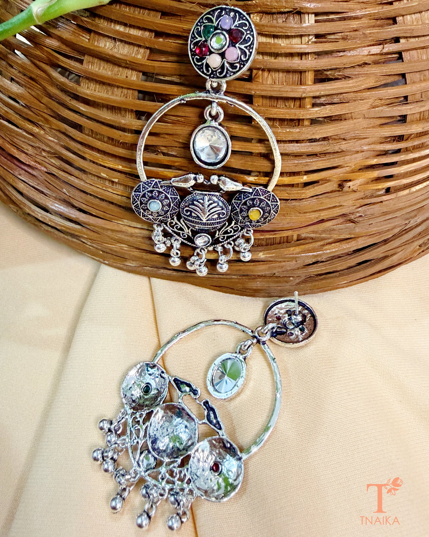 Multicolor stone work oxidised earrings perfect for sarees and festive outfits.