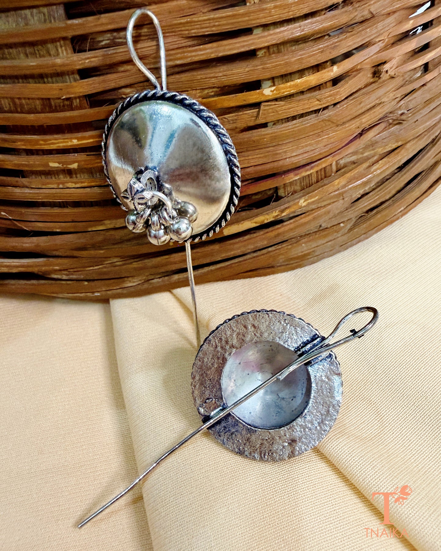 Statement oxidised ear shield earrings with dangling ghungroo accents.