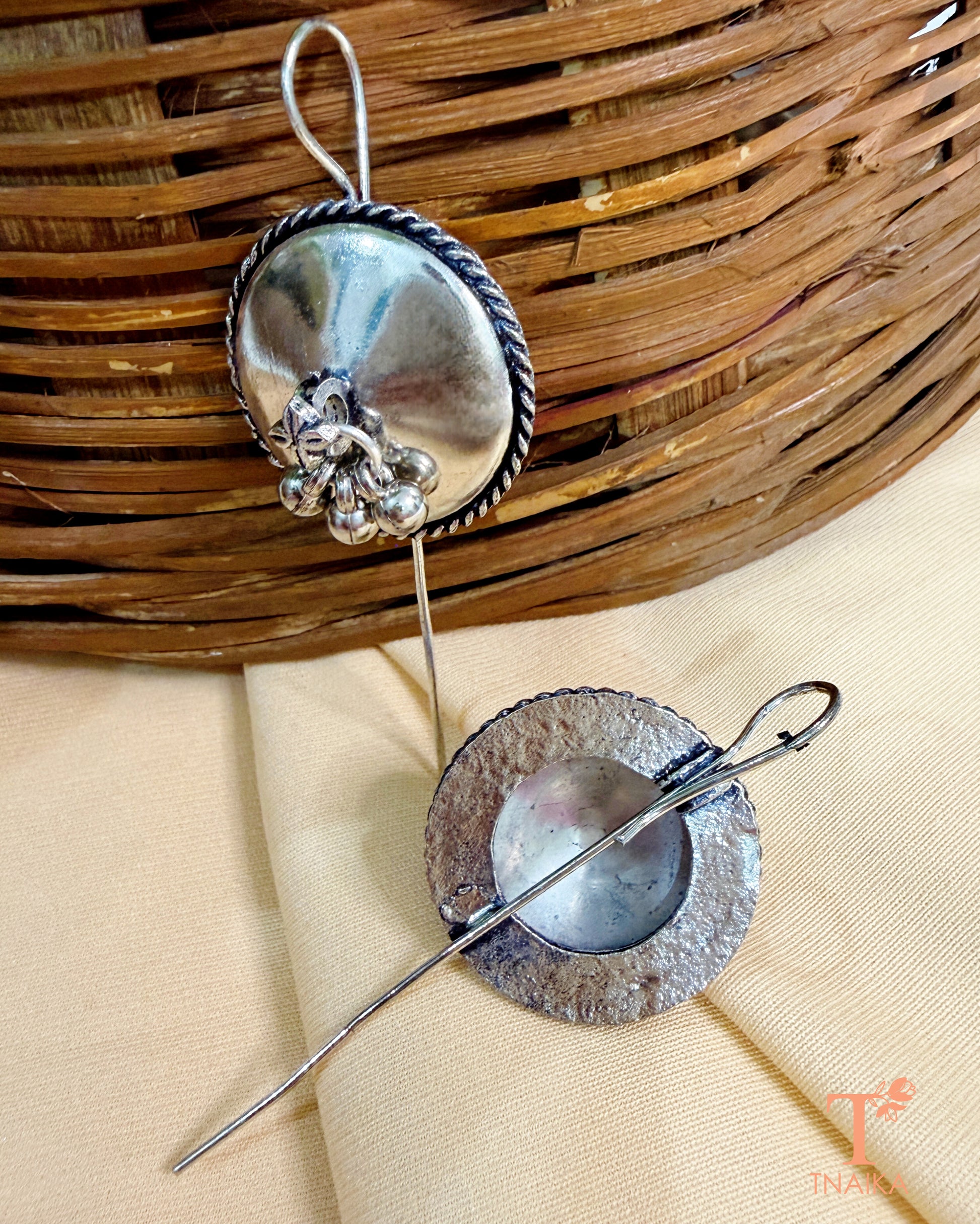 Statement oxidised ear shield earrings with dangling ghungroo accents.