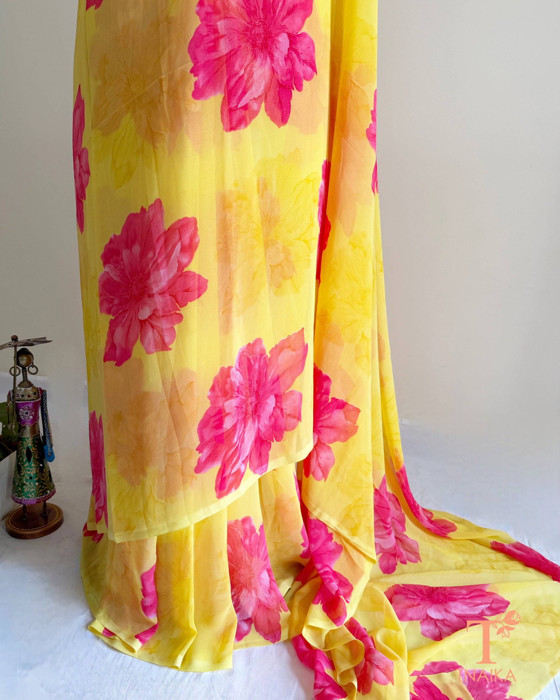 Lightweight floral printed georgette saree in yellow