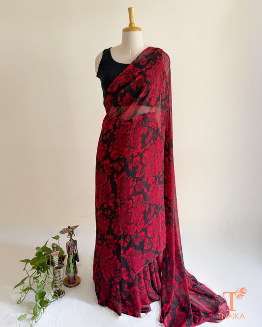 Crimson Floral Printed Georgette Saree Online | Tnaika™