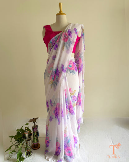 Lightweight georgette saree with lilac and pink blossoms