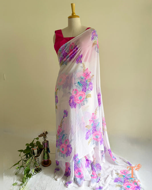 Blush pink georgette saree with pastel floral print