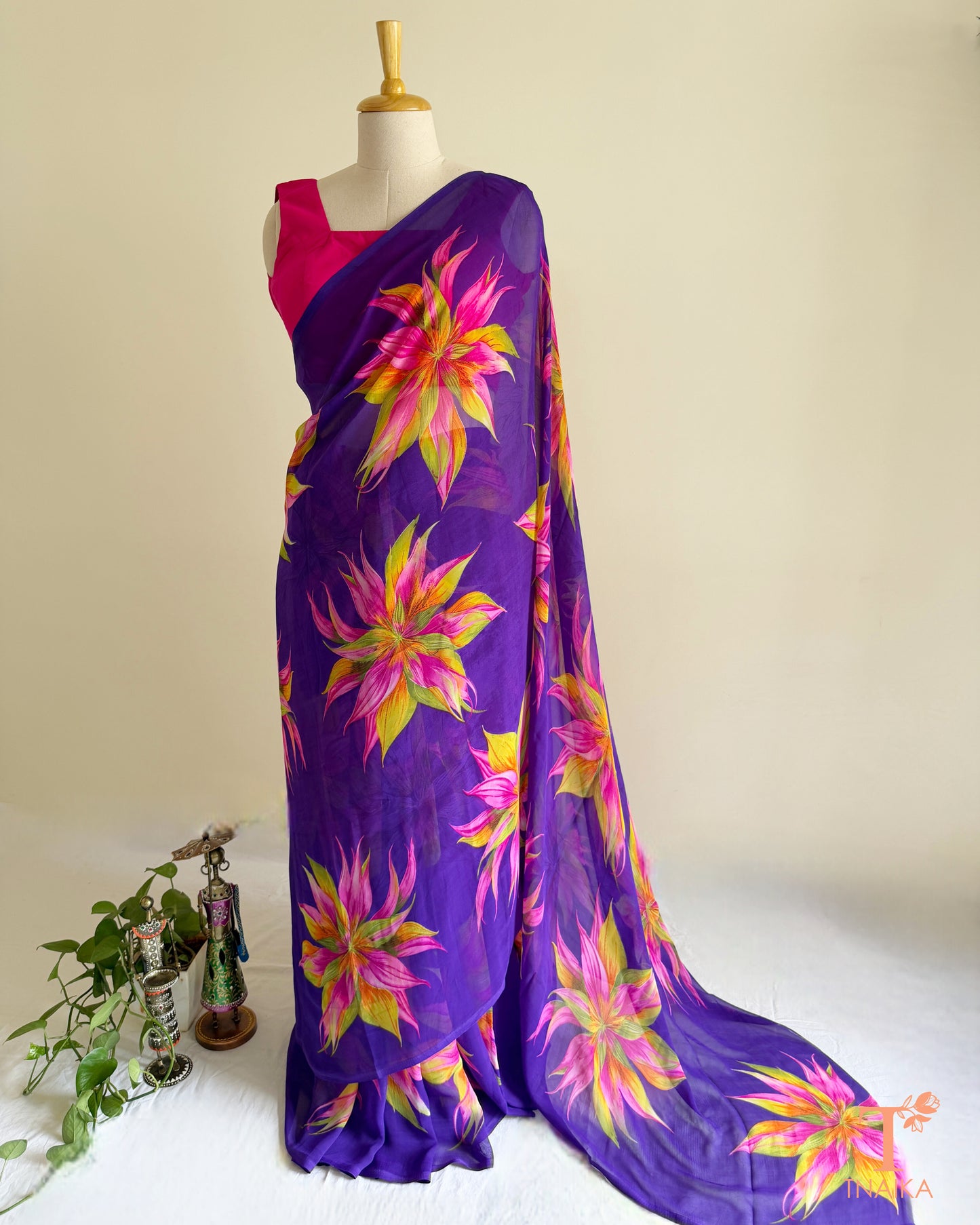 Violet georgette saree with multicolor floral print