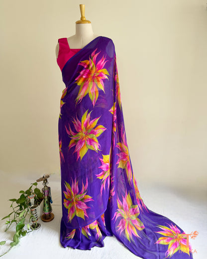 Violet georgette saree with multicolor floral print