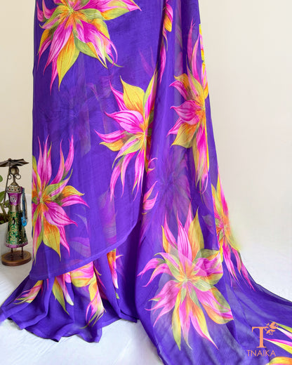 Purple floral printed georgette saree for women