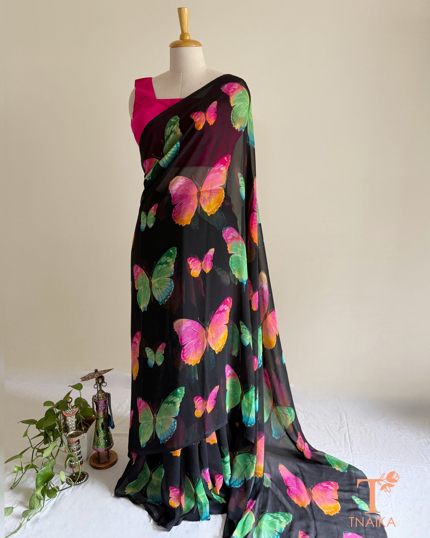 Black georgette saree with multicolor butterfly print