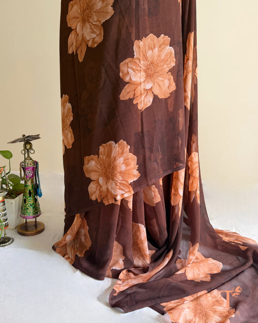 Lightweight floral printed georgette saree in brown