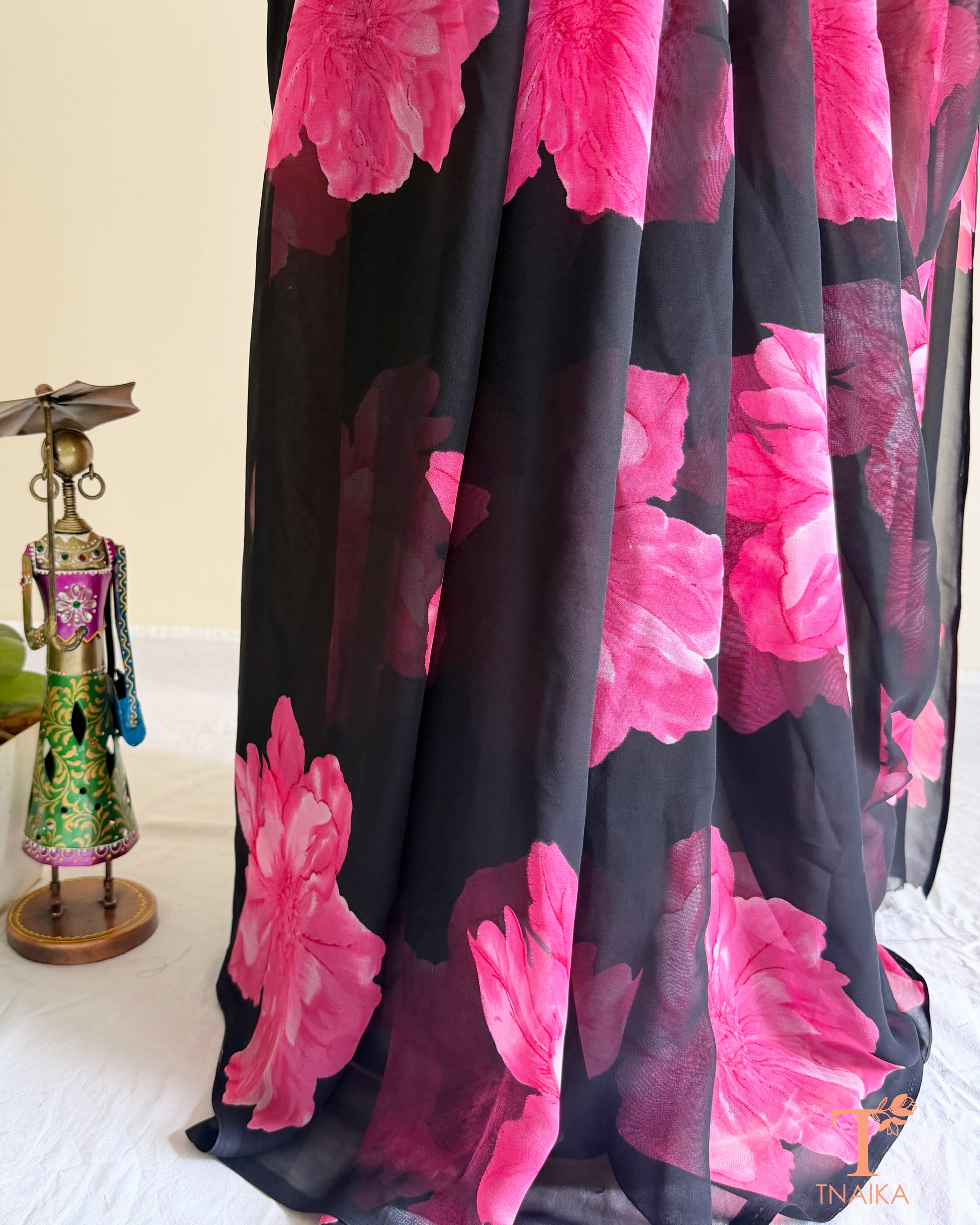 Lightweight floral printed georgette saree in black