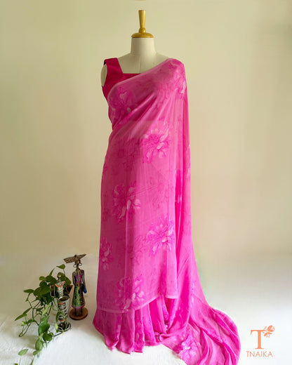 Pink georgette saree with large pink floral prints