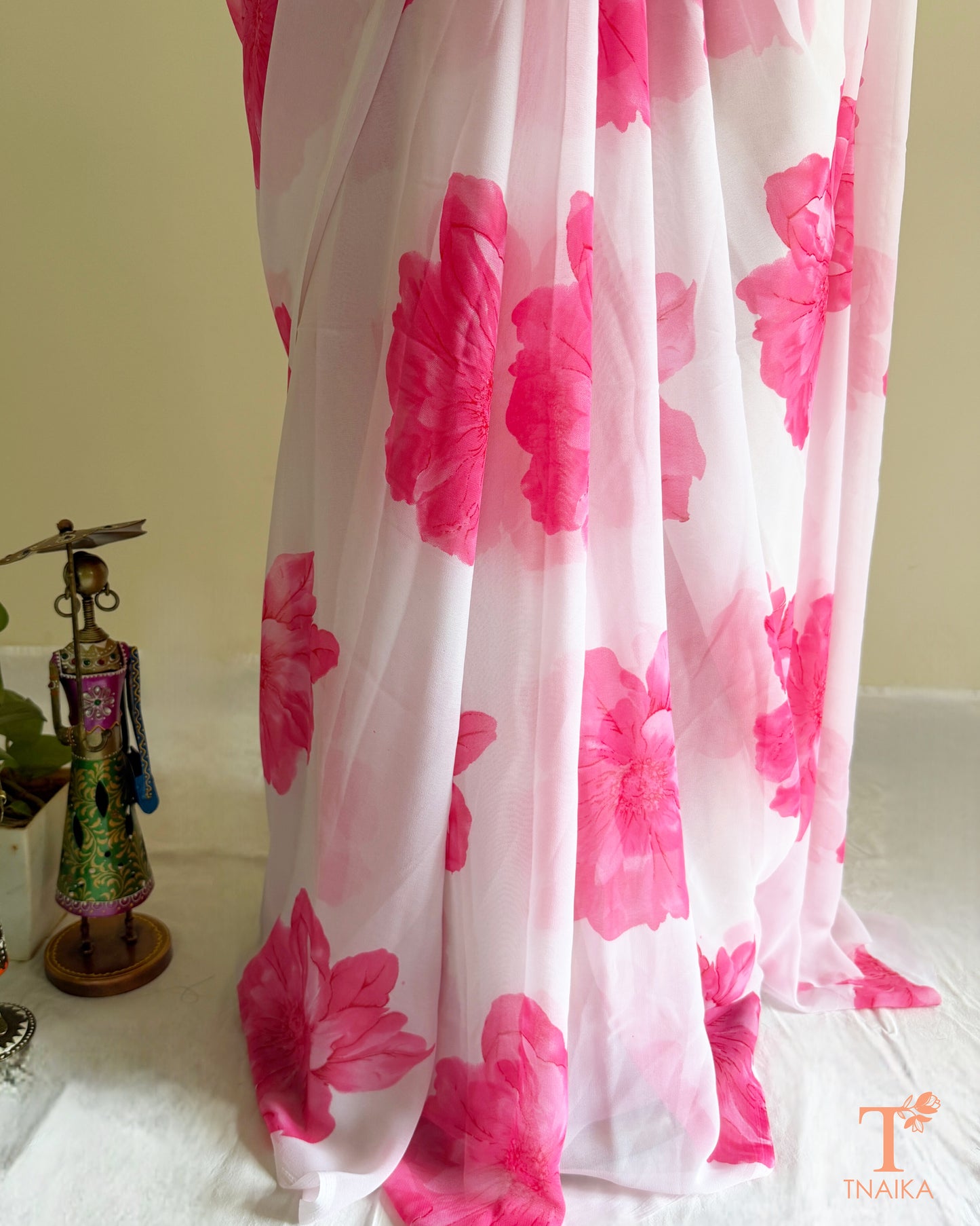 Lightweight floral printed georgette saree in white