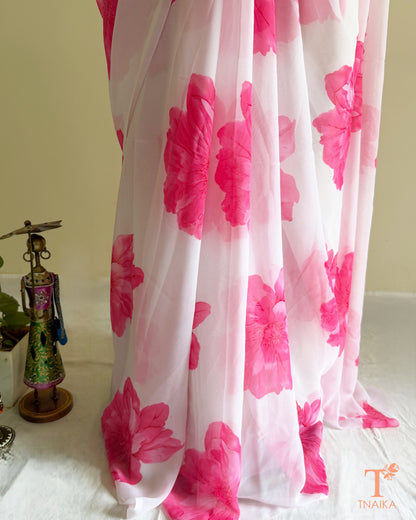 Lightweight floral printed georgette saree in white