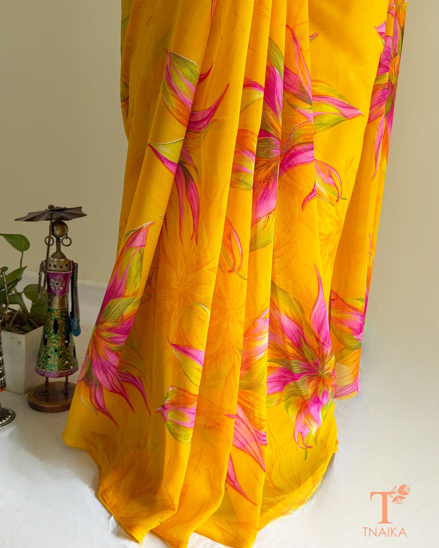 Lightweight saree with pink and yellow blossoms