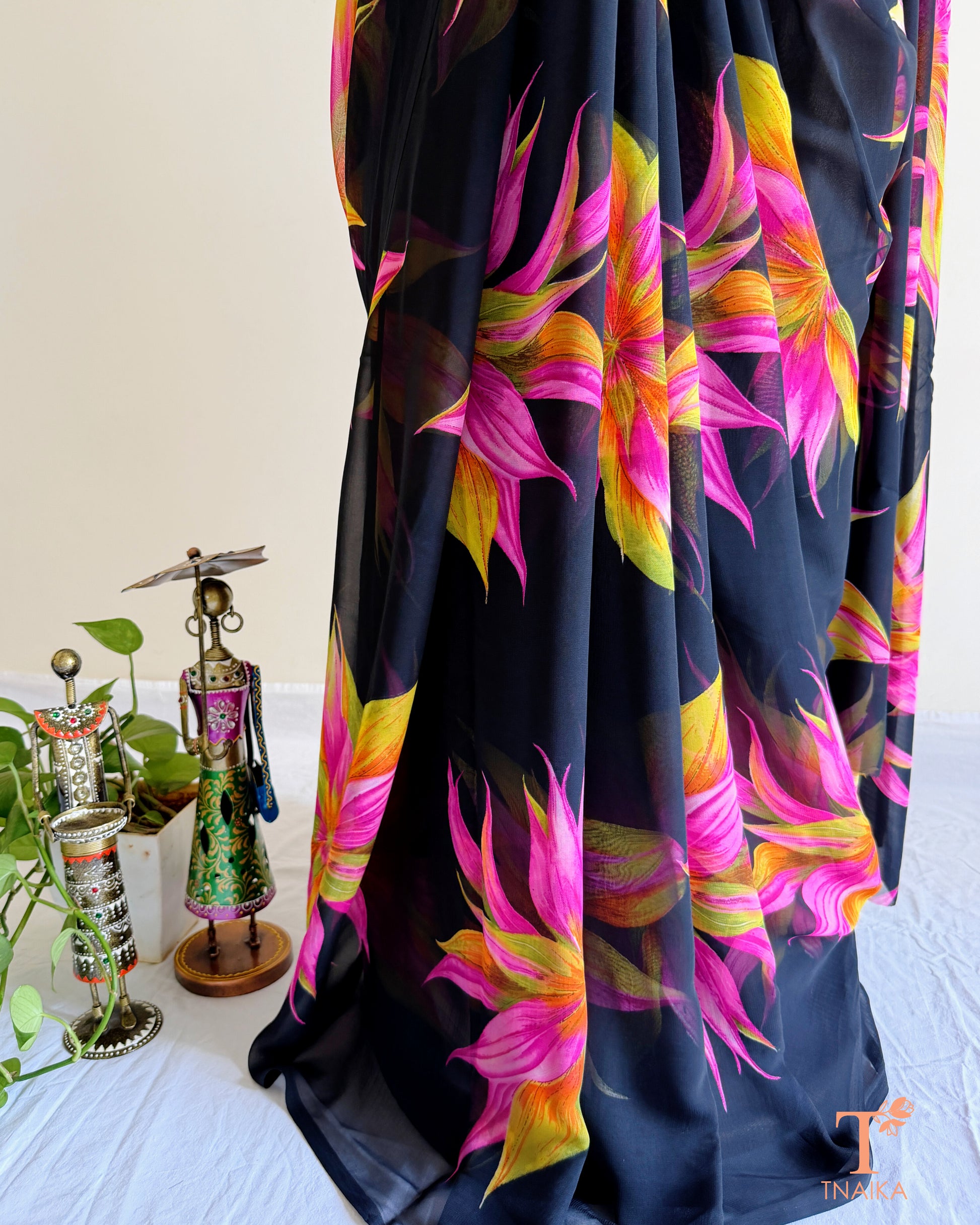 Lightweight saree with pink and yellow blossoms
