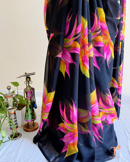 Lightweight saree with pink and yellow blossoms