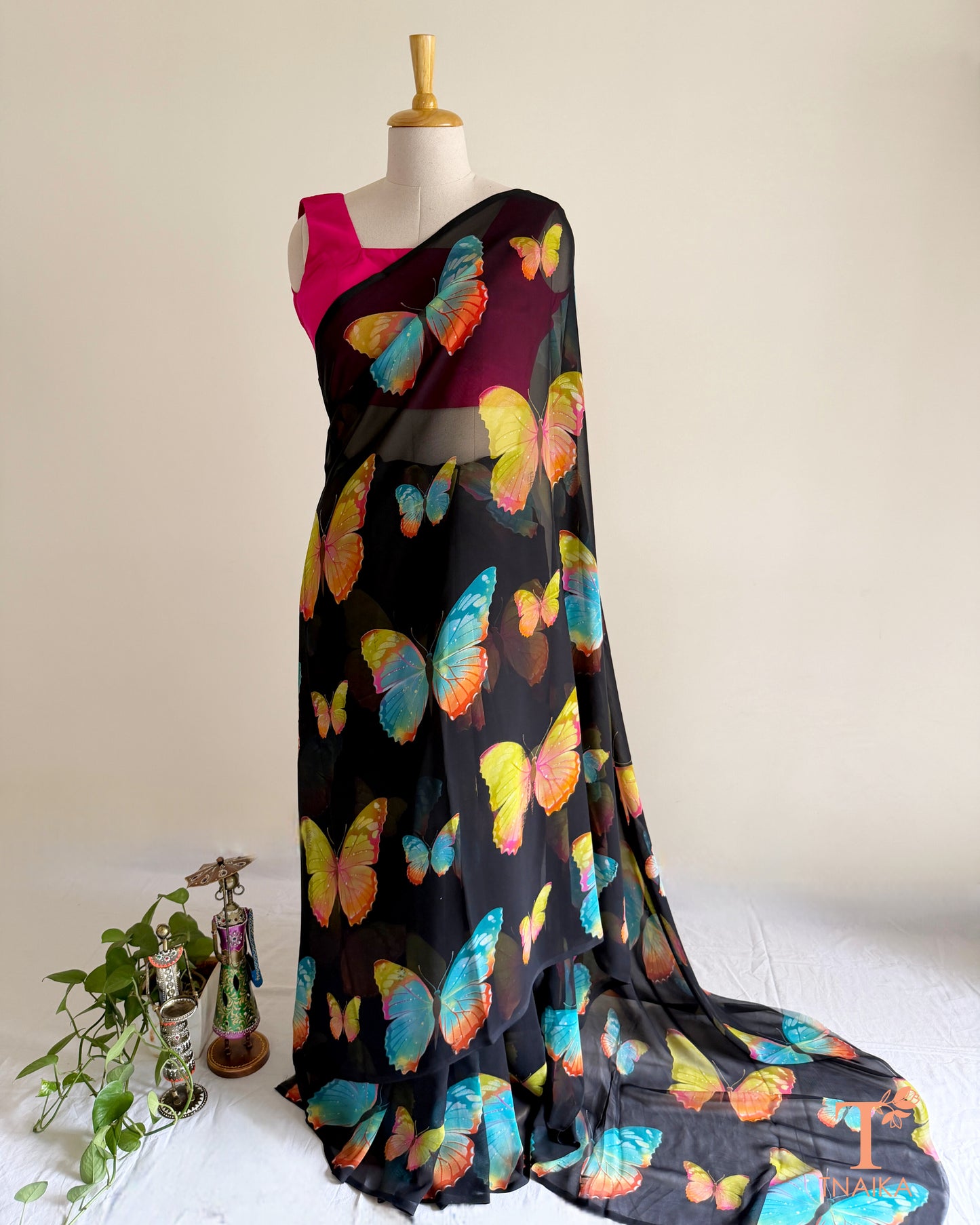 Black georgette saree with multicolor butterfly print