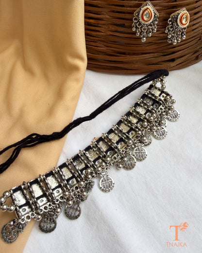 Oxidised silver Rajsi Kundan Virasat statement choker with colourful panchi motifs, floral kundan centerpiece, coin charms and pearl detailing.