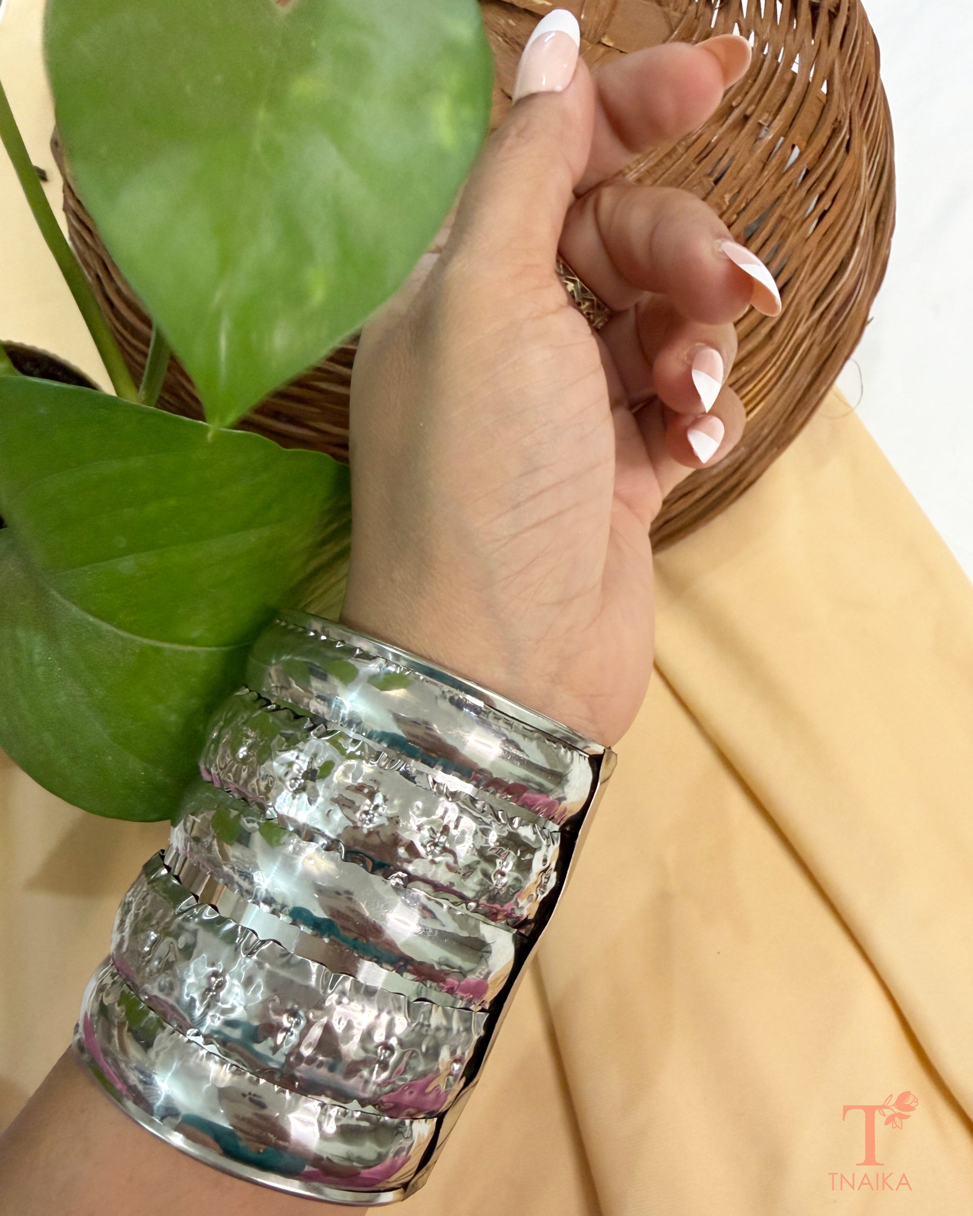 Statement oxidised hammered cuff bracelet featuring a broad handcrafted texture for ethnic and contemporary styling.