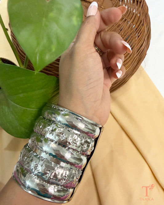 Statement oxidised hammered cuff bracelet featuring a broad handcrafted texture for ethnic and contemporary styling.