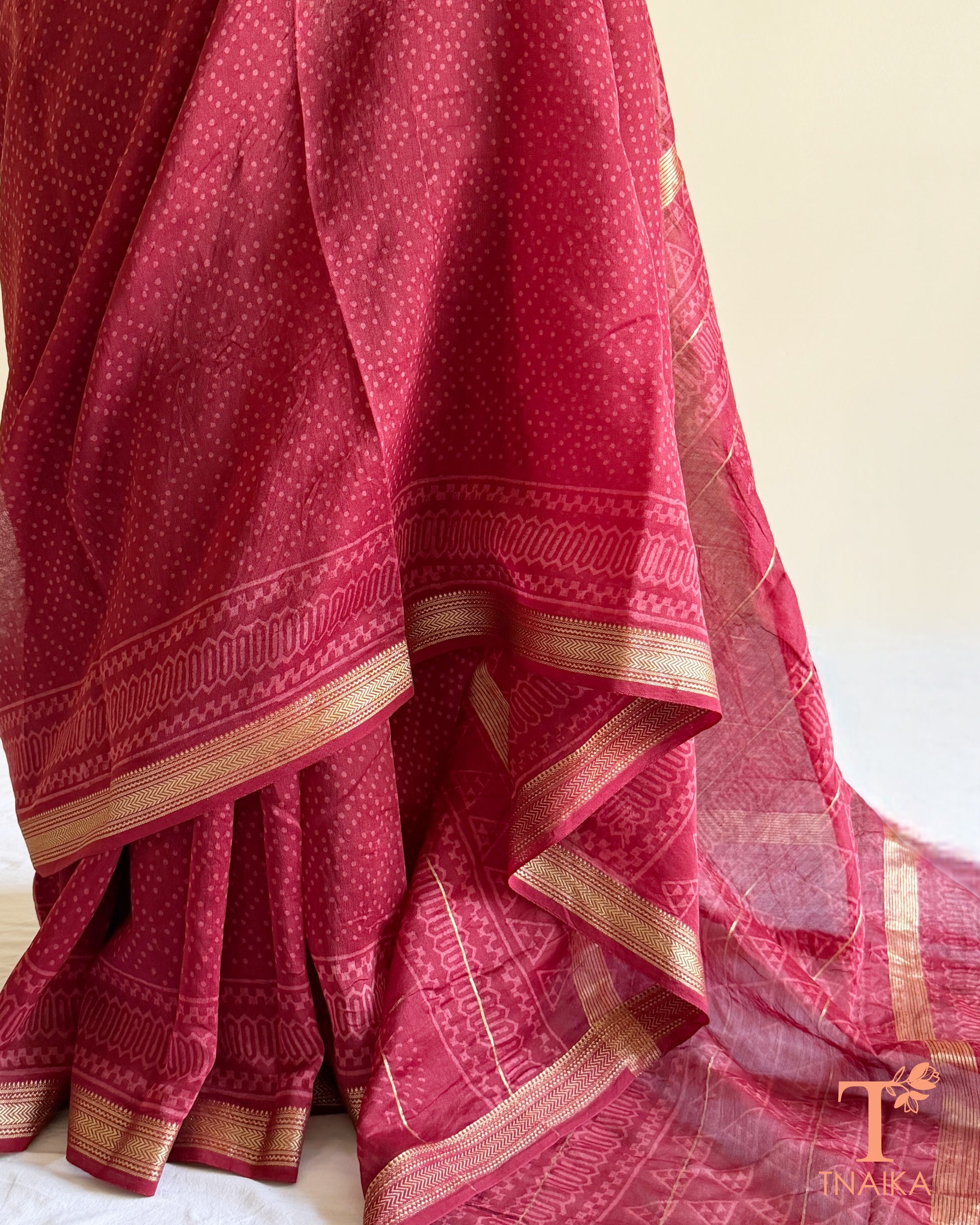 Artisan-made hand block printed Maheshwari saree