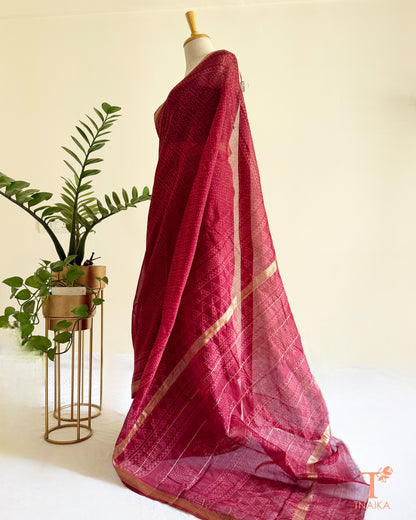 Rose maroon Maheshwari saree with traditional block prints