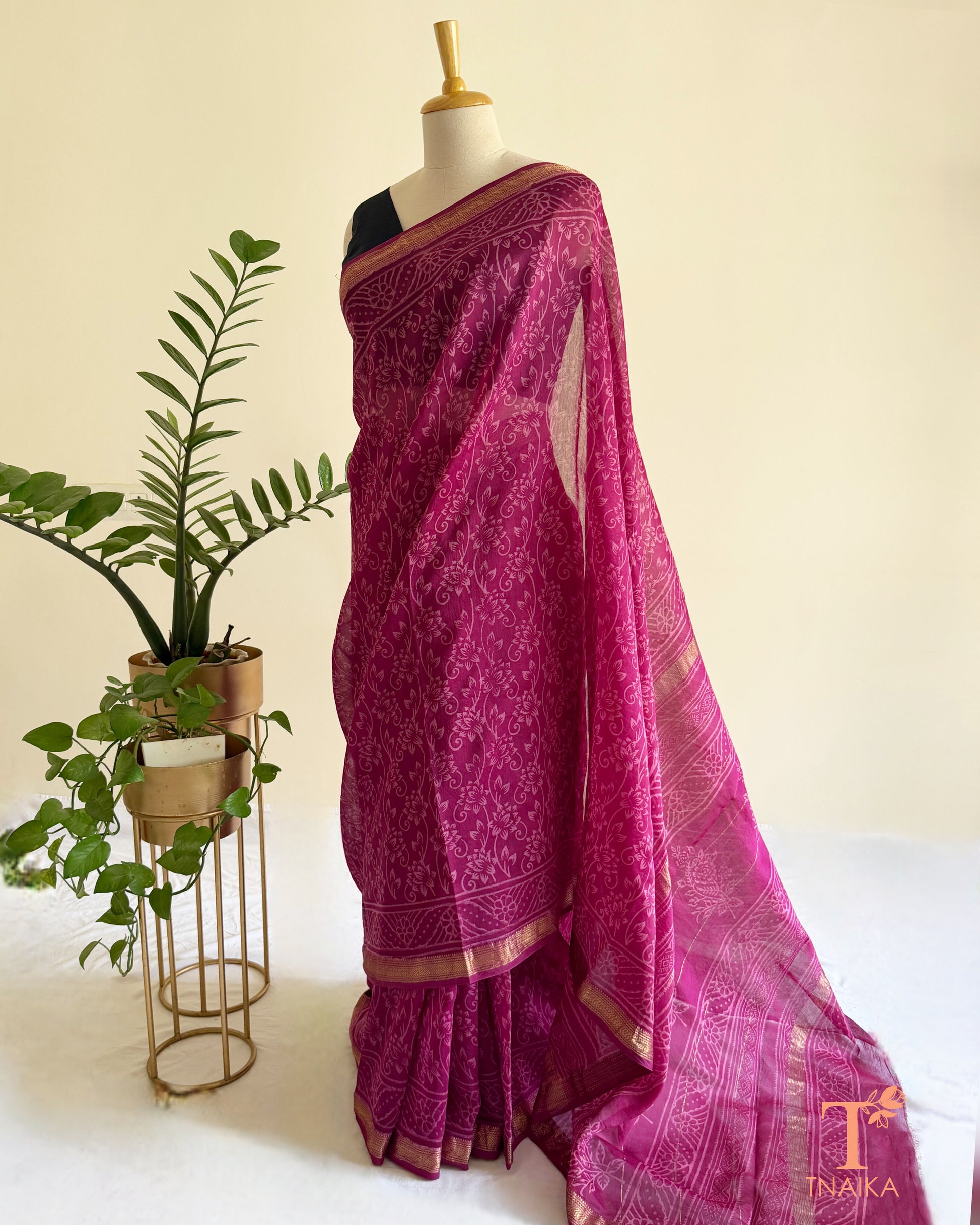 Hand block printed Maheshwari silk saree in royal wine with fine zari border