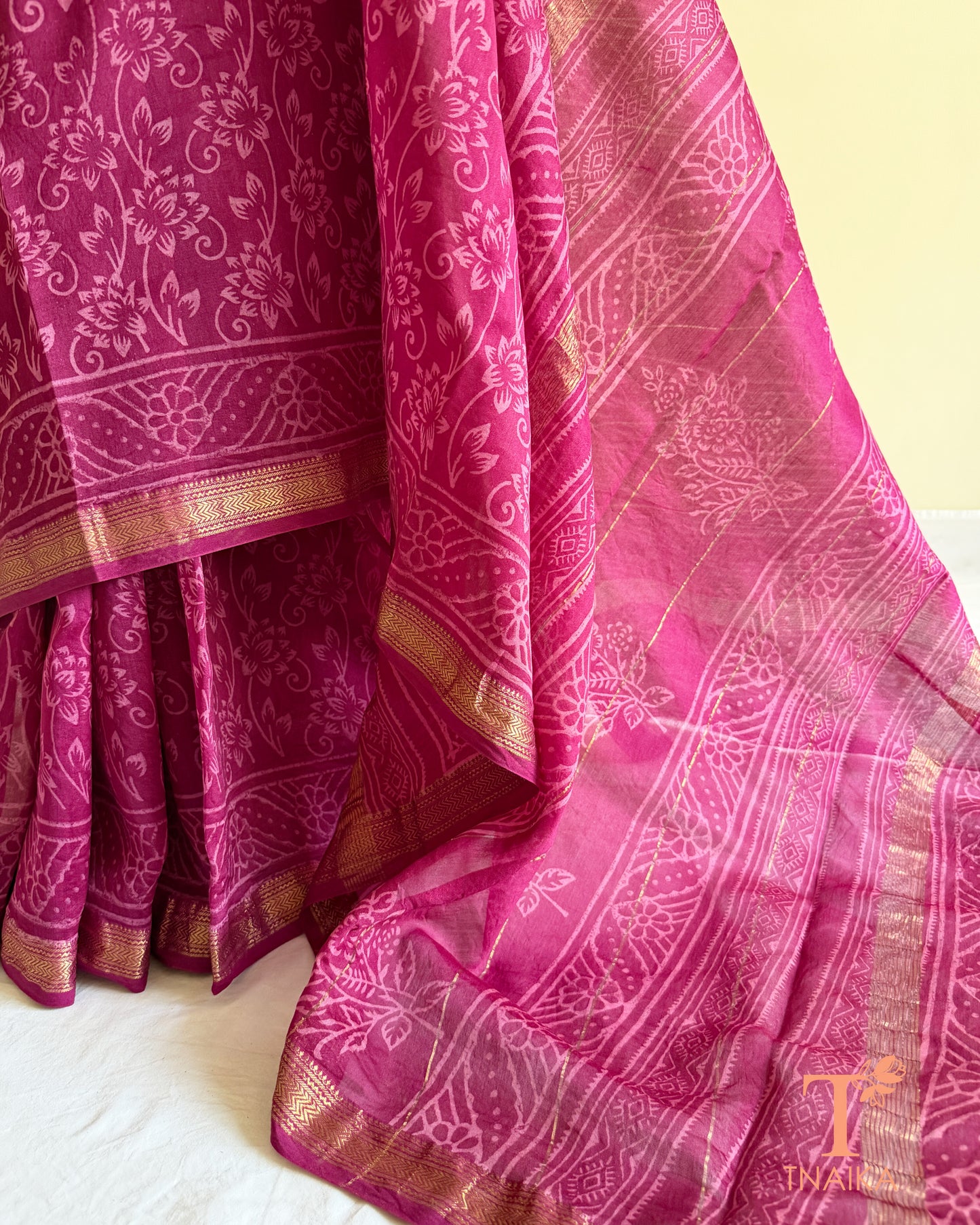Maheshwari silk saree featuring traditional hand block printed motifs