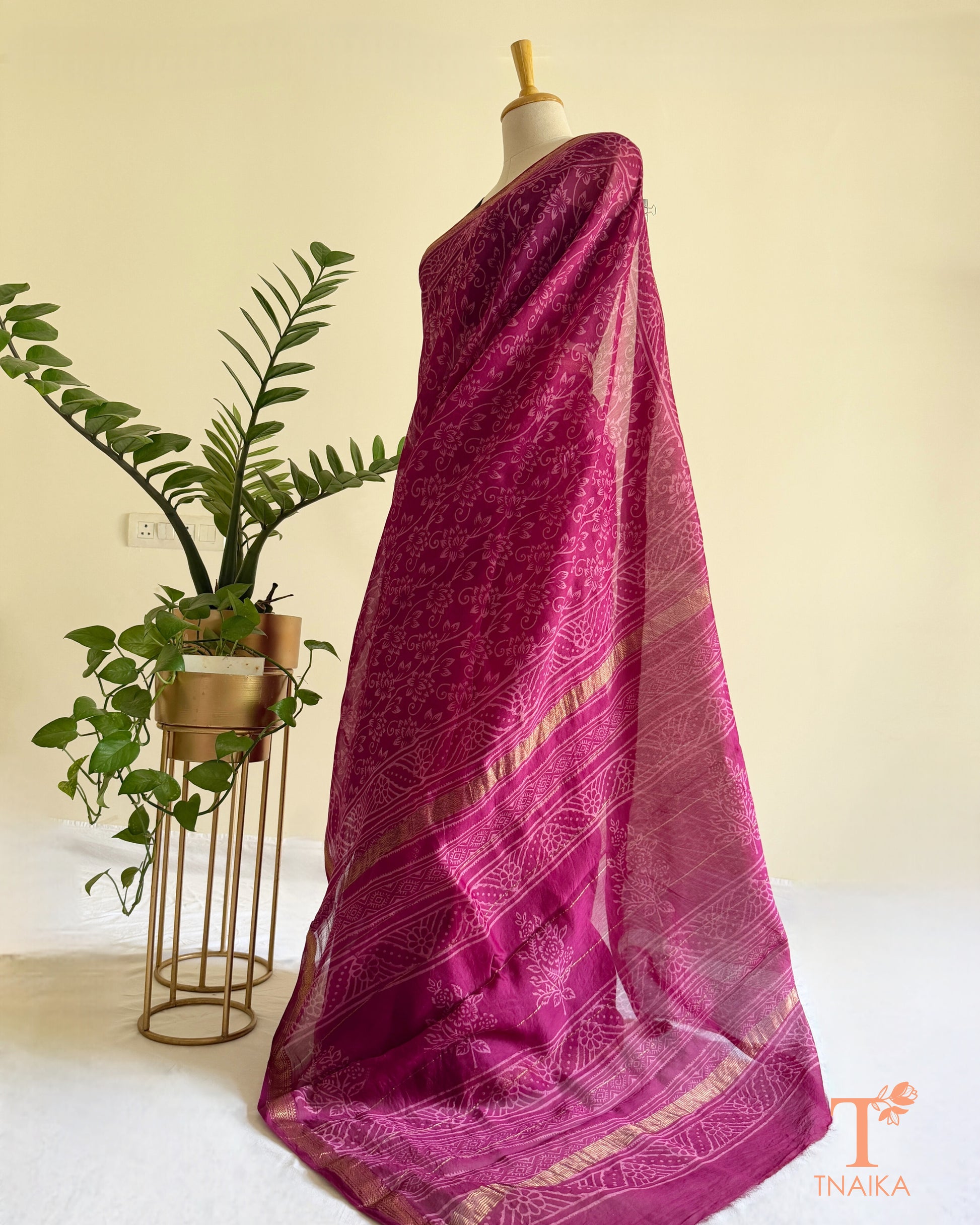 Artisanal Maheshwari silk saree in rich wine with floral block prints