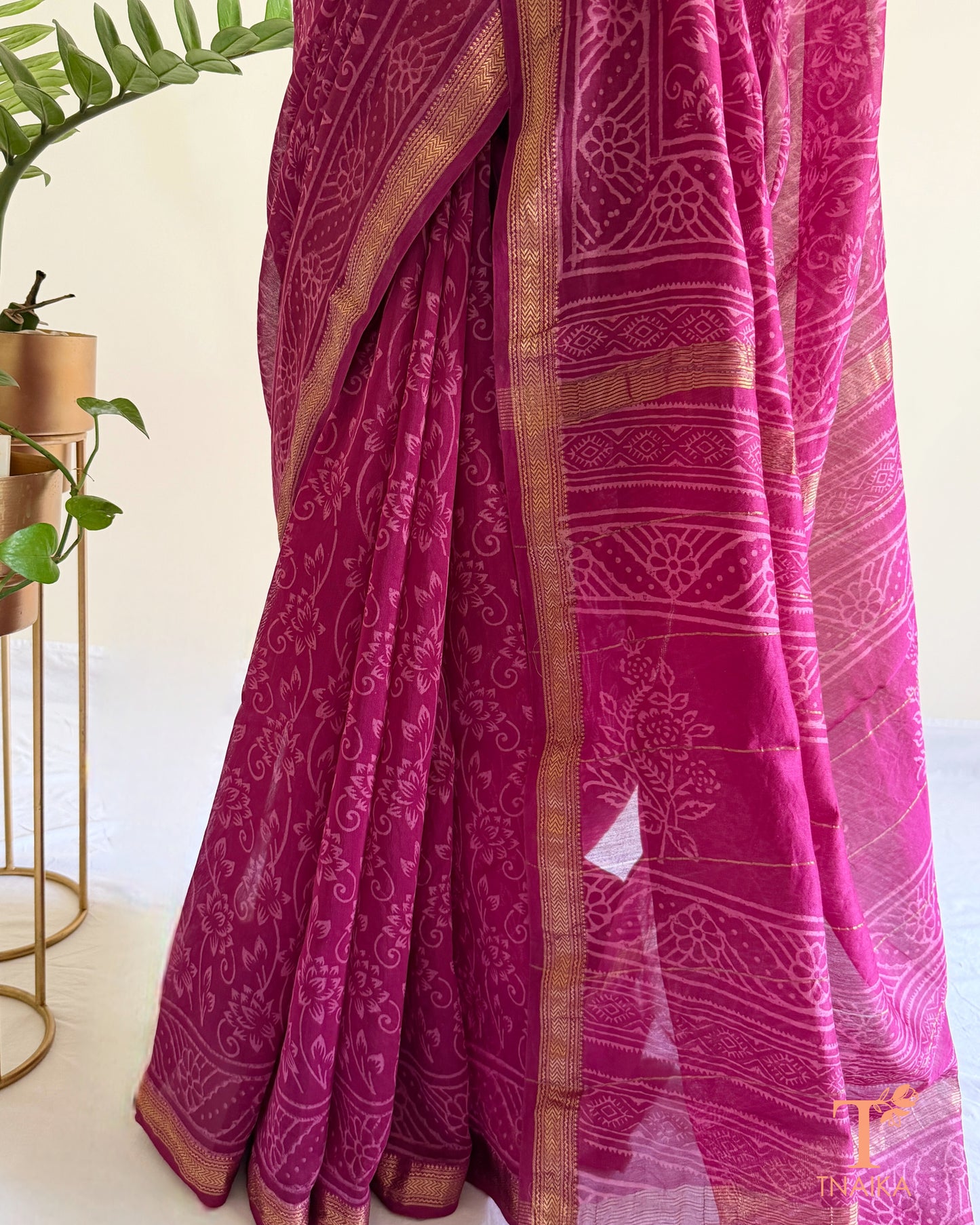 Traditional Maheshwari saree with hand block print and fine woven zari border