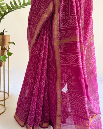 Traditional Maheshwari saree with hand block print and fine woven zari border
