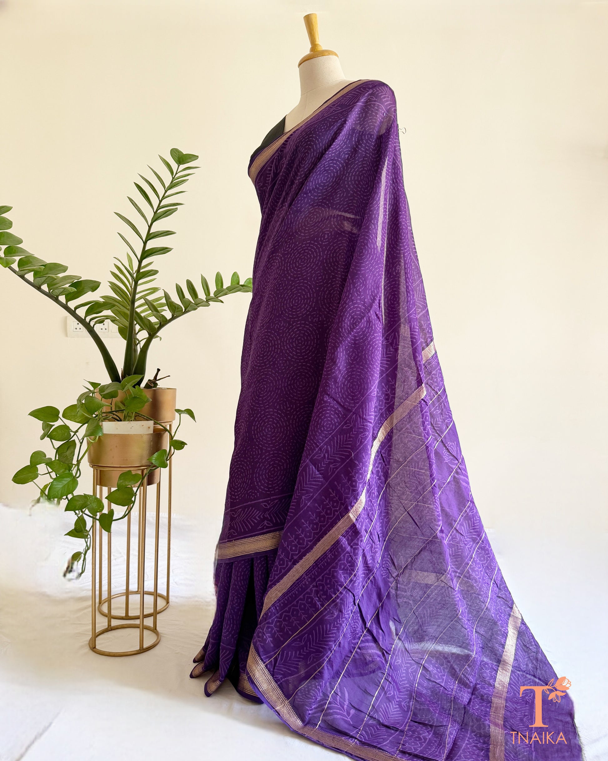 Hand block printed Maheshwari silk saree in royal purple with fine zari border