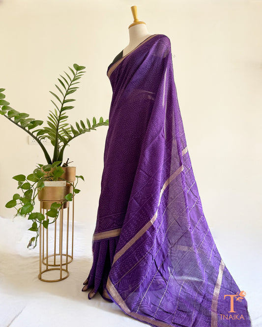 Hand block printed Maheshwari silk saree in royal purple with fine zari border
