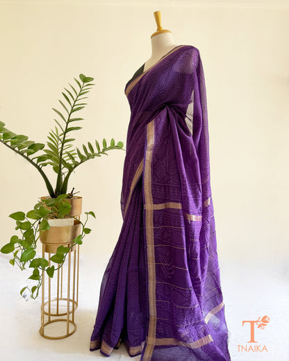 Artisanal Maheshwari silk saree in rich violet with geometric block prints