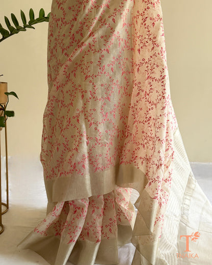 Ivory Chanderi tissue saree with delicate embroidered leaf jaal