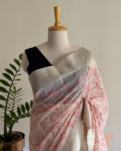 Elegant embroidered Chanderi saree with soft woven border