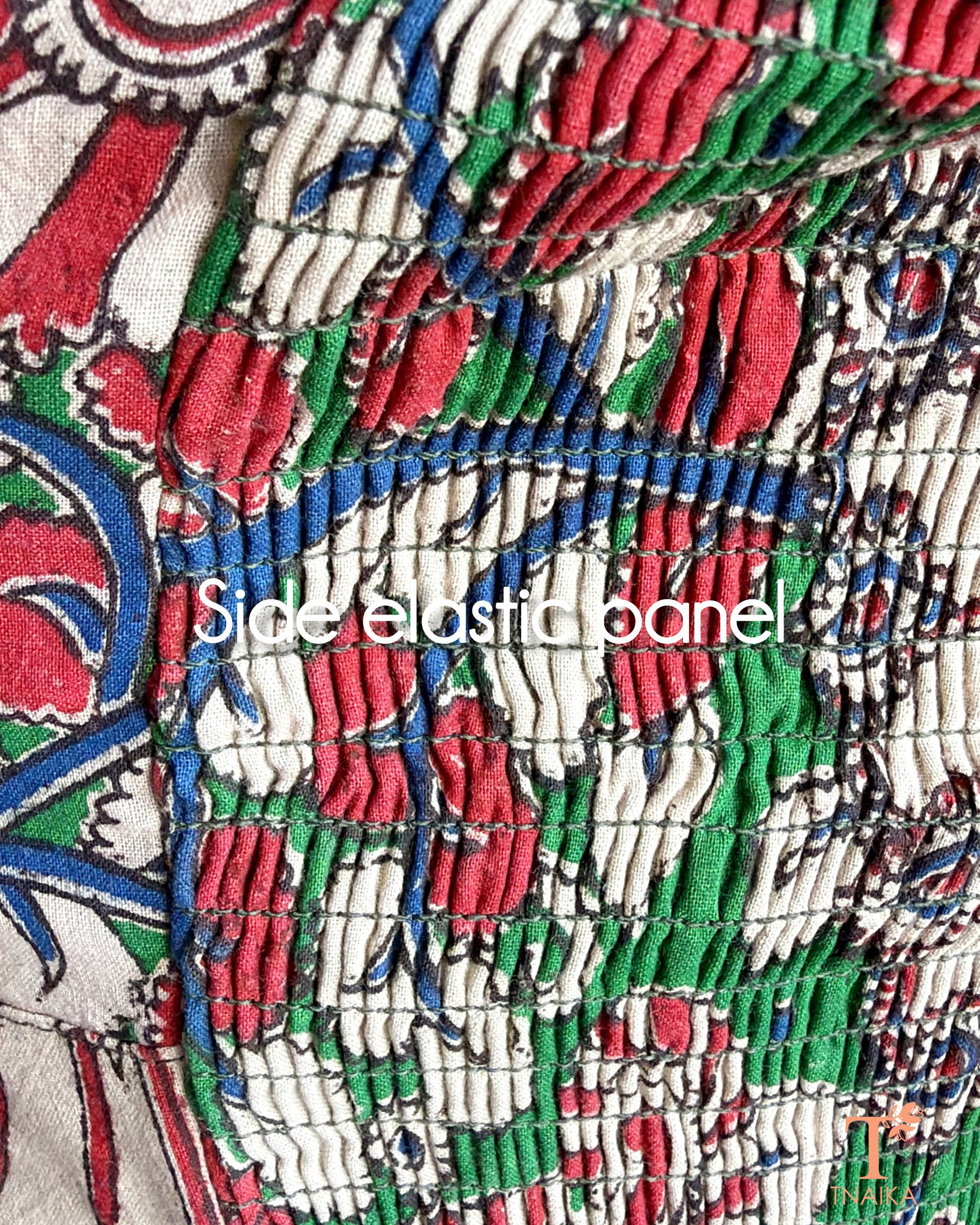 Close-up of the side elastic panel on a Tnaika™ Kalamkari cotton blouse, designed for a flexible, flattering, and comfortable fit.