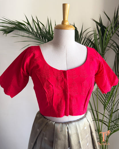 Chikankari inspired cotton blouse with V-neck and long sleeves front view.
