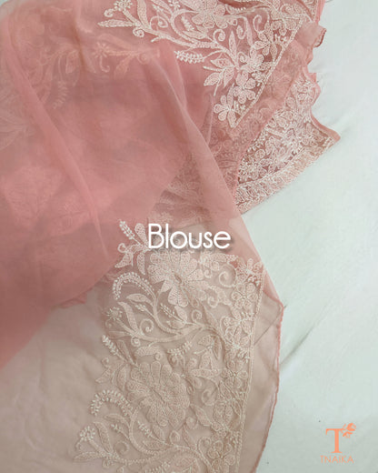 Floral Lucknowi Chikankari saree with richly embroidered border.