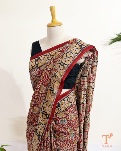 Earth toned Chennur silk Kalamkari saree with traditional handblock print