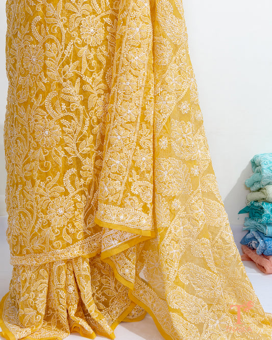 Handcrafted Lucknowi Chikankari saree in sunshine yellow georgette.
